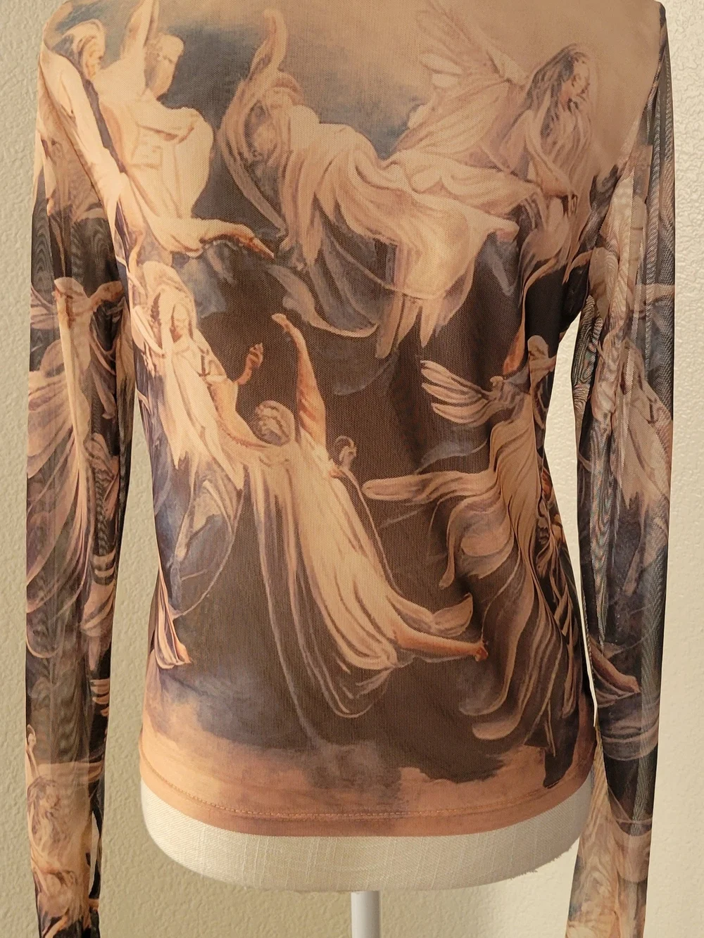 She's So Fresh Renaissance Angel Cherub Print Mesh Mock Neck Top L - Picture 1 of 11